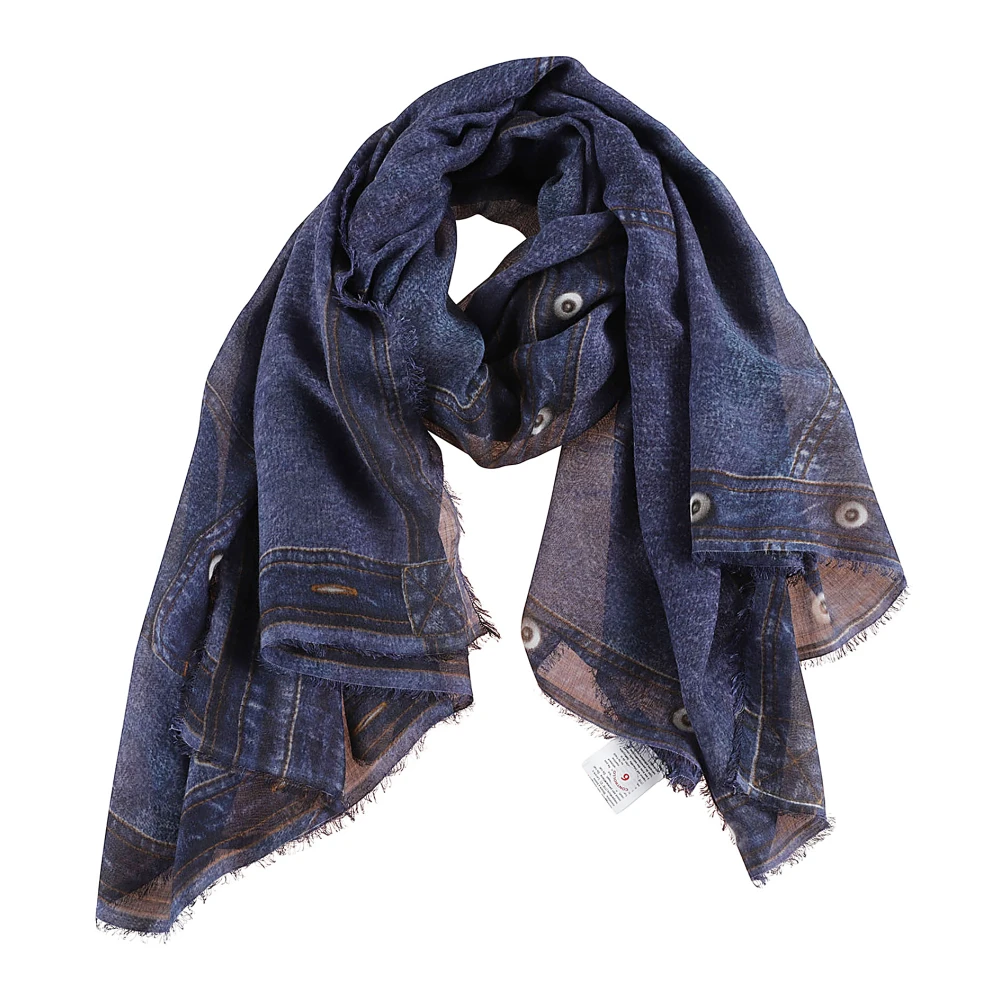 Faliero Sarti Zijde Blend Franje Jeans Print Stola Blue Dames