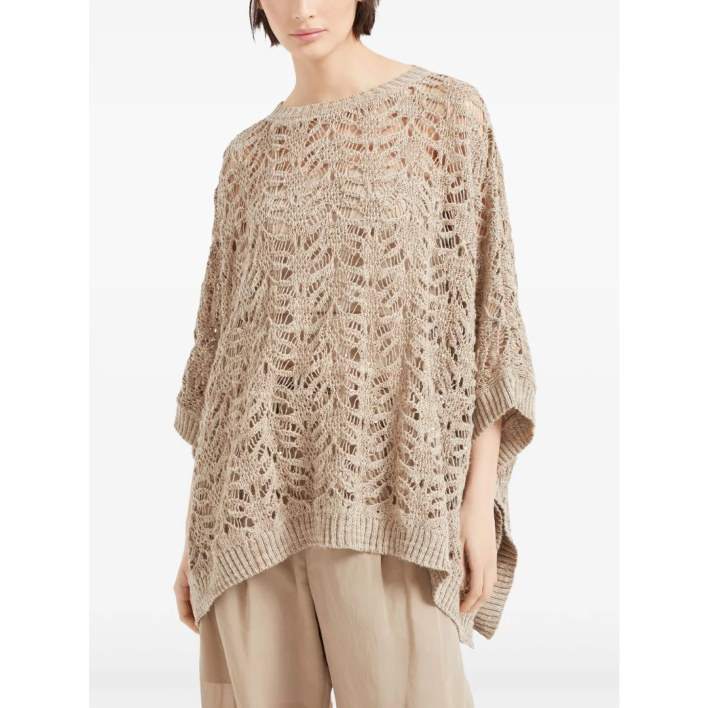 BRUNELLO CUCINELLI Beige Pailletten Gebreide Poncho Trui Beige Dames