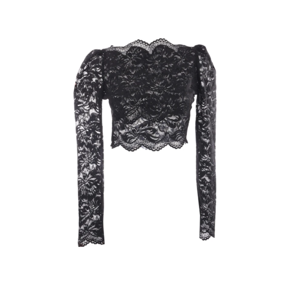 Paco Rabanne Bloemenprint Kant Lange Mouw Top Black Dames