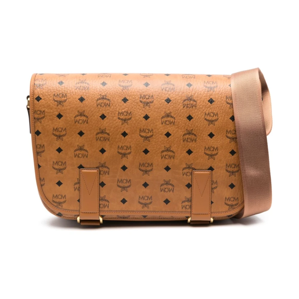 MCM Bruine leren schoudertas met logoprint Brown Heren