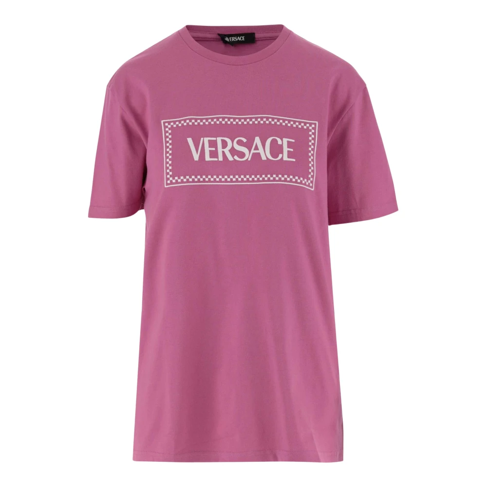 Versace Roze Katoenen T-Shirt met Maxi Logo Pink Dames