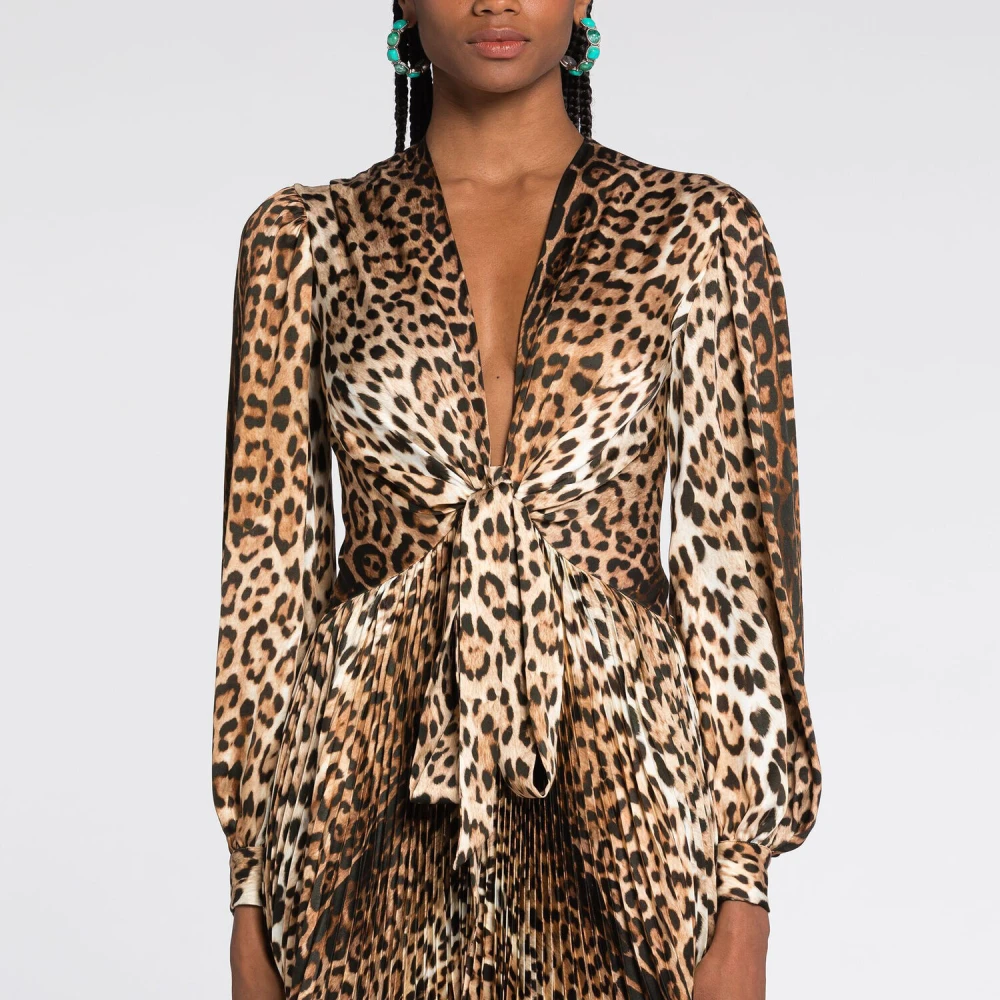 Roberto Cavalli Luipaardprint Mini Jurk V-hals Brown Dames
