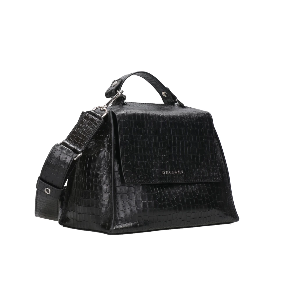 Orciani Zwarte Leren Schoudertas met Klep Black Dames