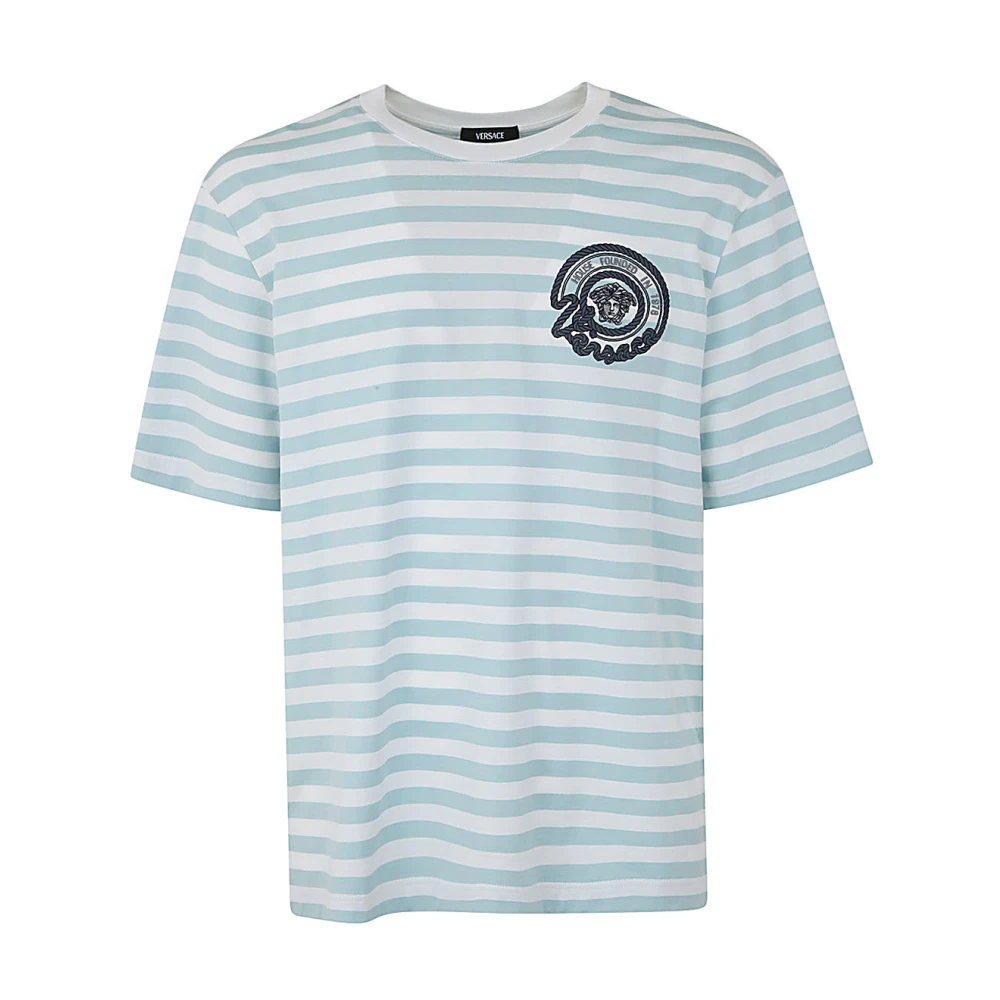 Versace Gestreept Jersey Stof T-Shirt met Geborduurd Nautisch Embleem White Heren