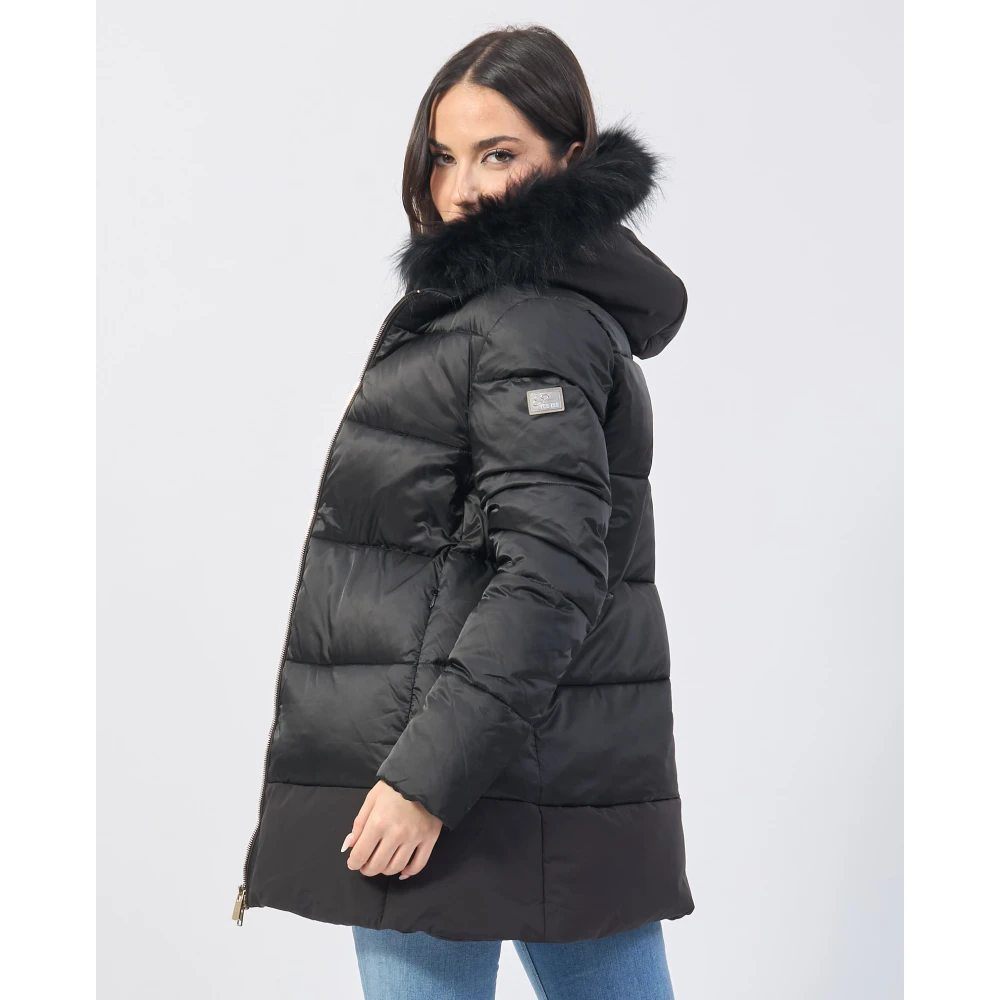 YES ZEE Zwarte Gewatteerde Jas met Bont Capuchon Black Dames