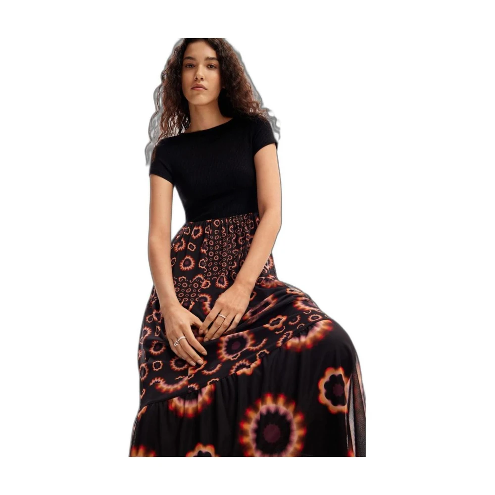 Desigual Elegante Zwarte Lange Jurk Mix Black Dames