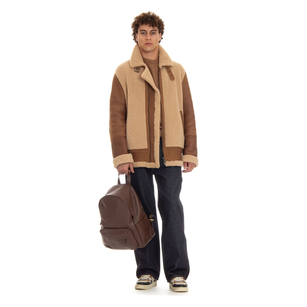 Salvatore Santoro Bruine Leren Jas Volledige Rits Brown Heren