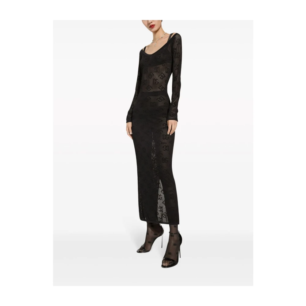 Dolce & Gabbana Zwart Mesh Logo Jurk Black Dames