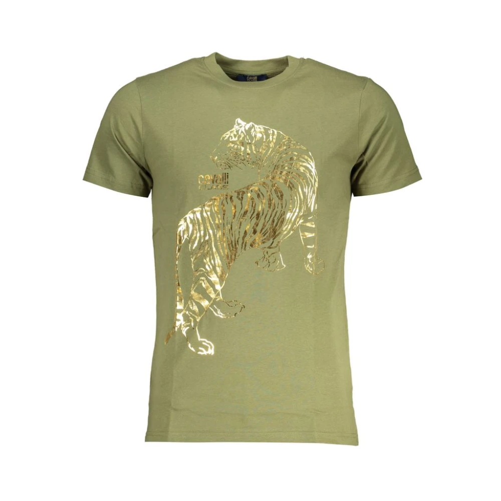 Cavalli Class , T-Shirts, Male, Green, Xl, Print Logo Round Neck T-Shirt