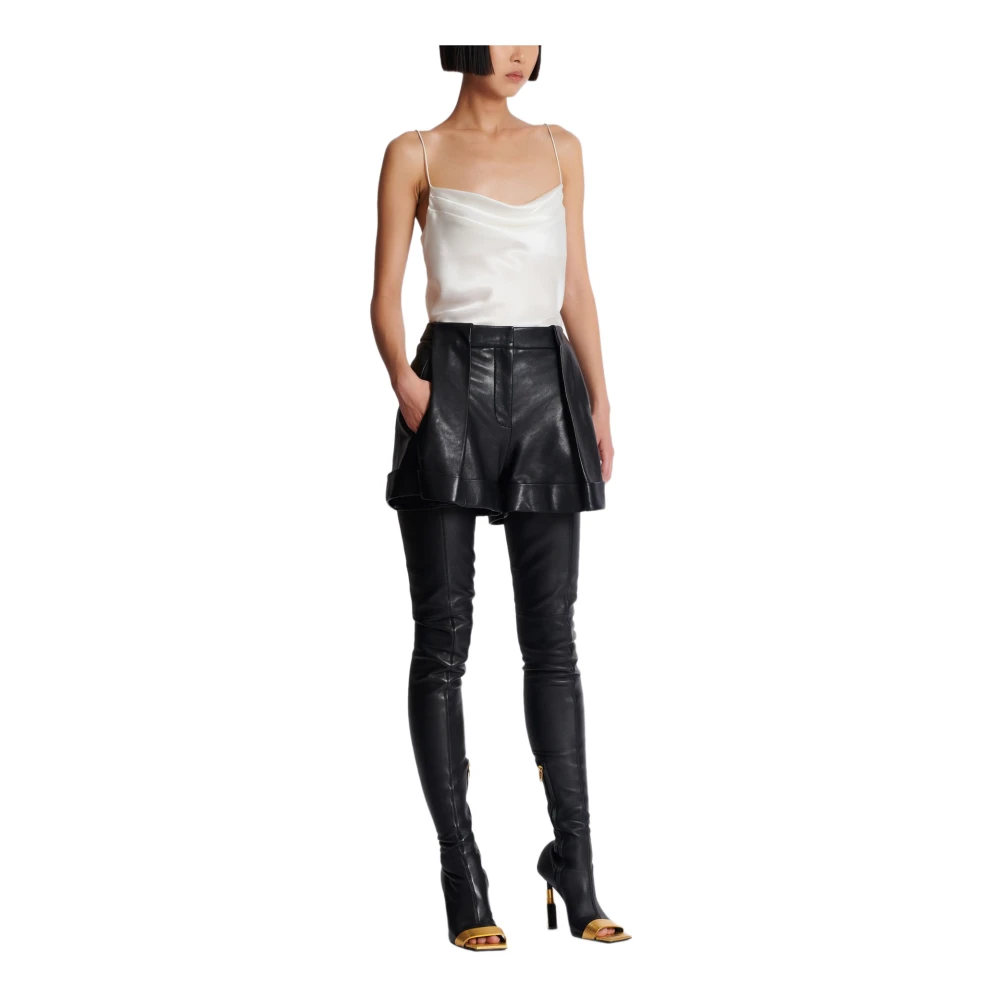 Balmain Geplooide lamsleren shorts Black Dames