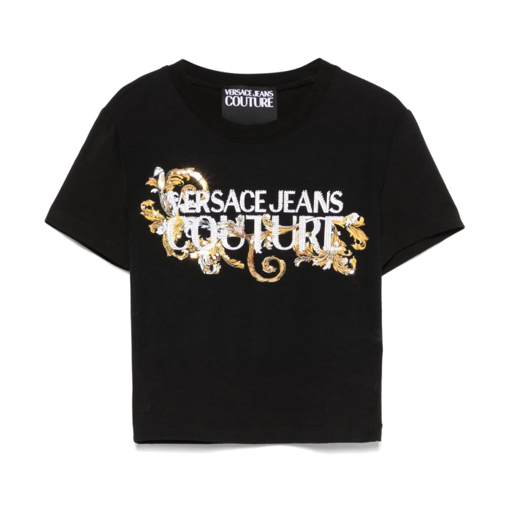 Versace Jeans Couture Zwarte T-shirt Polo met Kristallen Versiering Black Dames