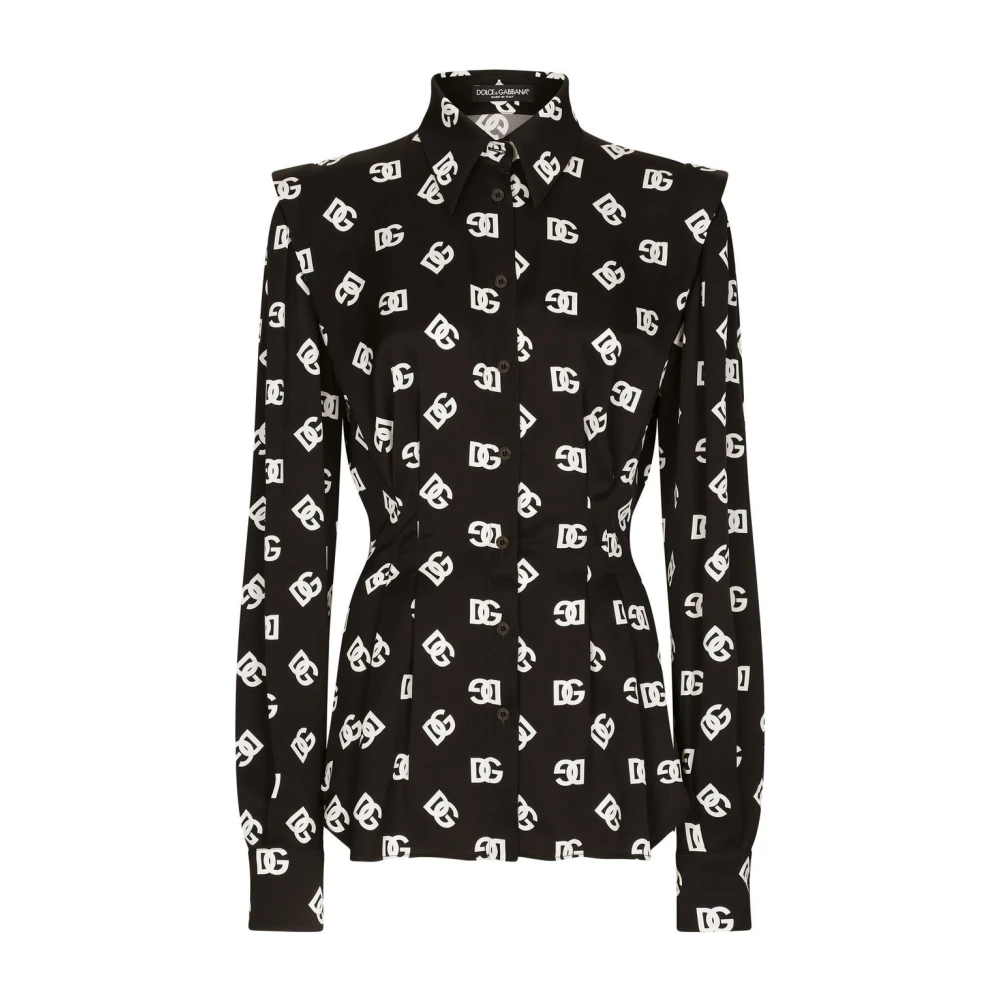 Dolce & Gabbana Elegante Zwarte Zijden Blouse met Monogram Print Black Dames