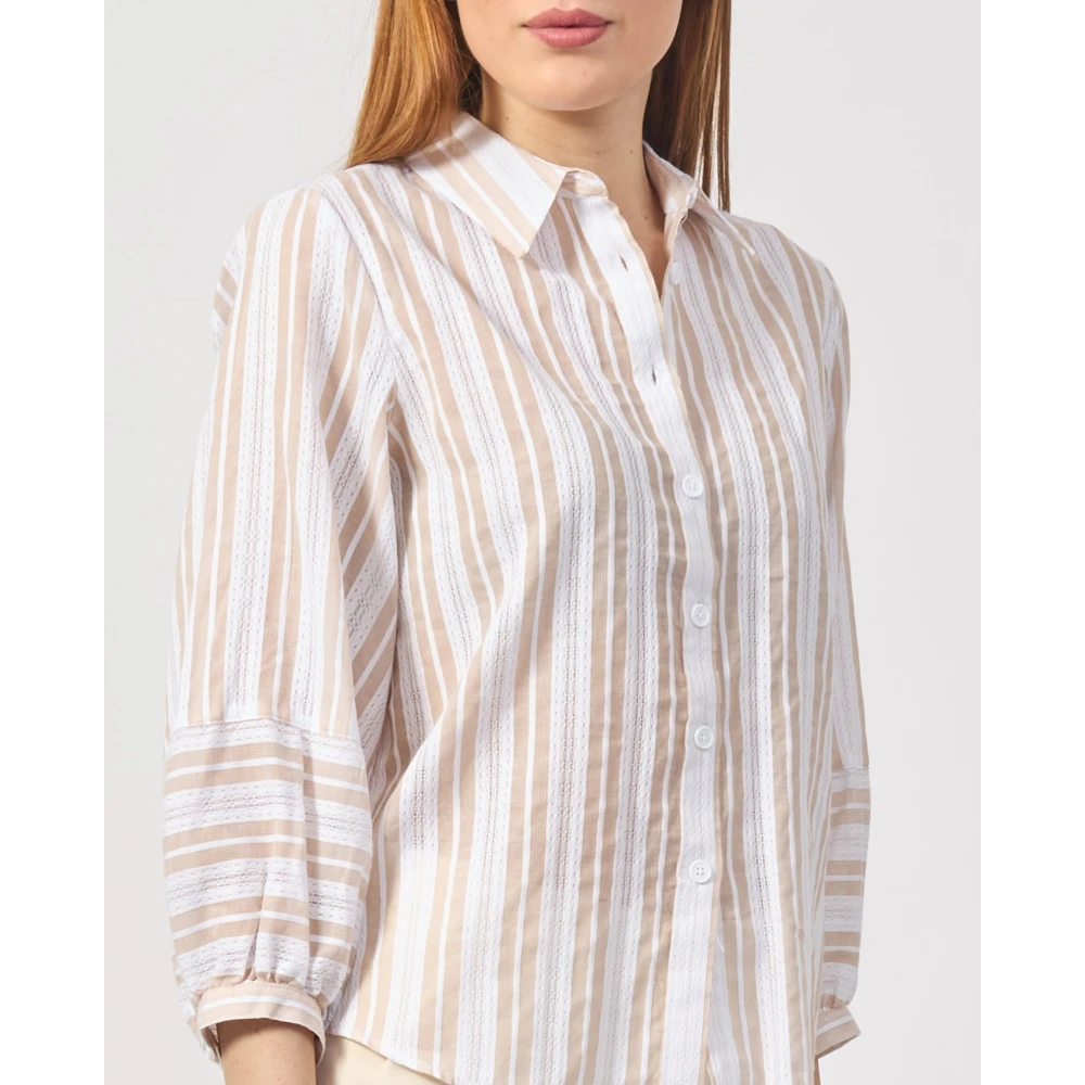 Silvian Heach Beige Gestreepte Shirt met Pofmouwen Beige Dames