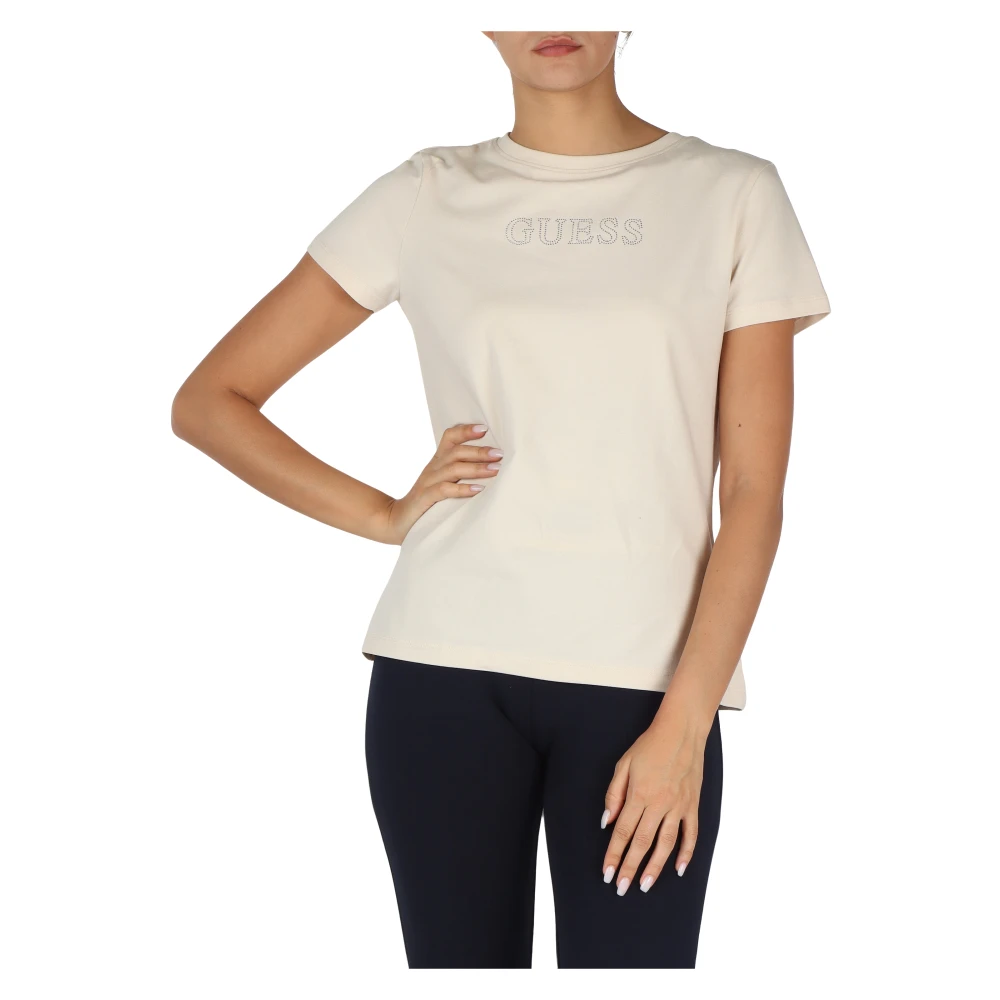 Guess Stretch Katoenen T-shirt met Strass Logo White Dames