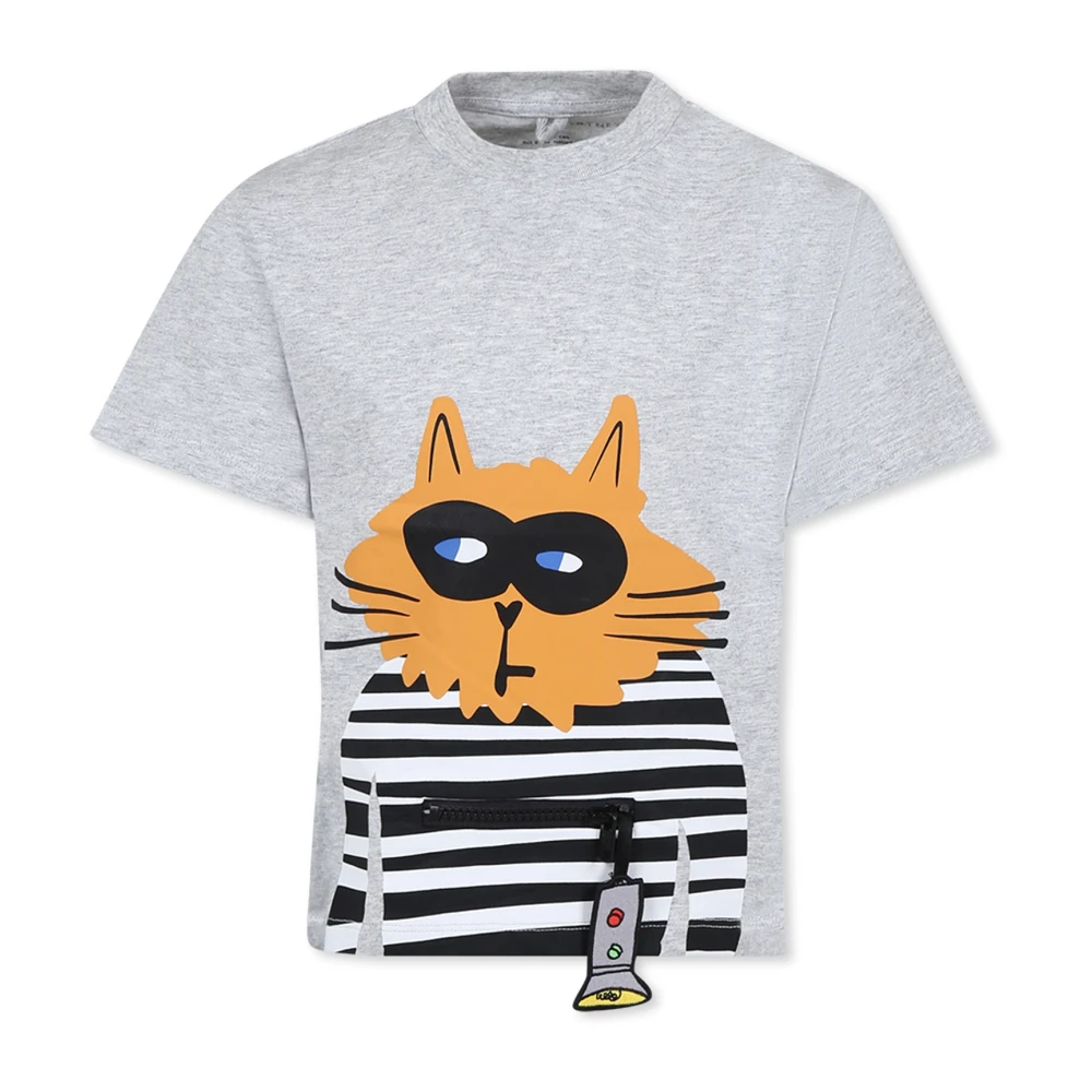 Stella McCartney Grå Katt Bomull T-shirt med Dragkedjeficka Gray, Unisex