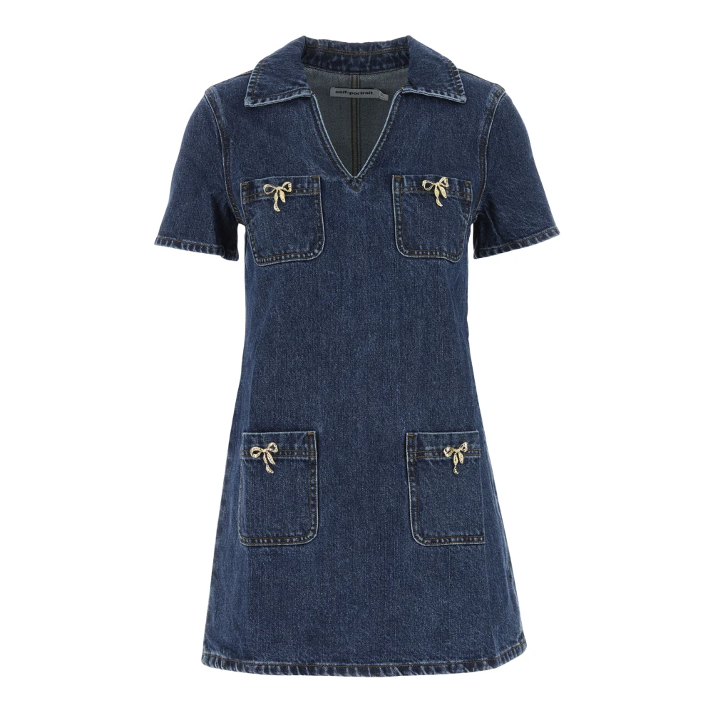 Self Portrait Women's Blue Denim Mini Dress With Metallic Bows