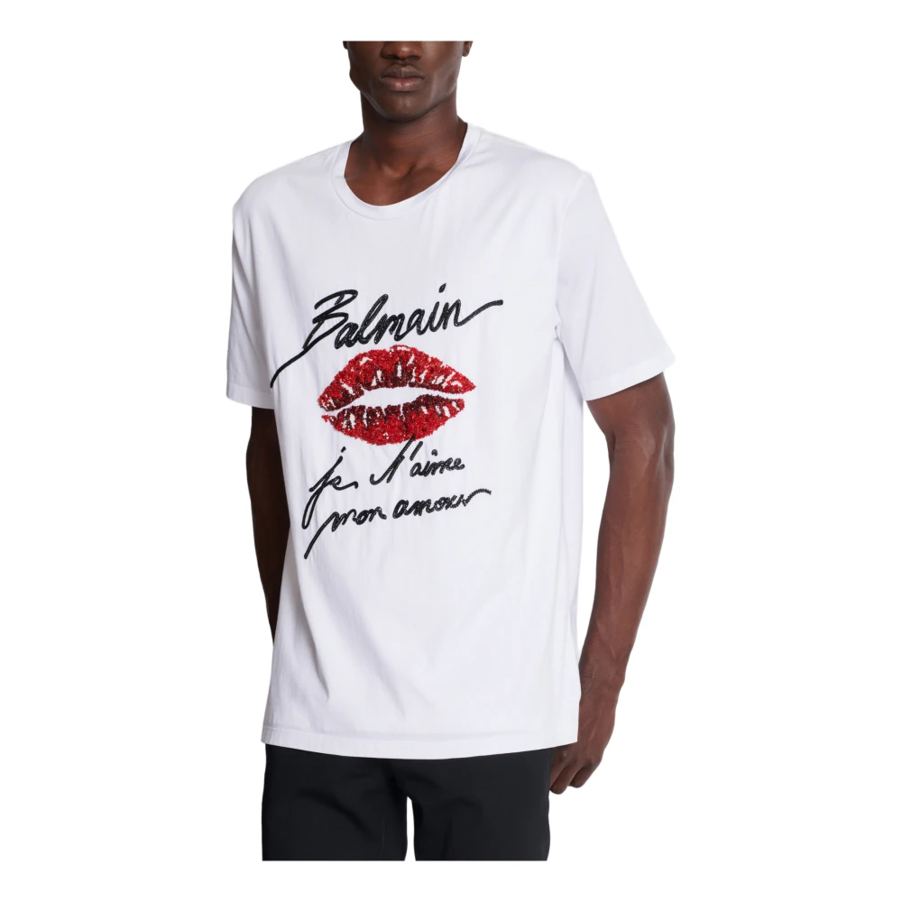 Balmain Geborduurd T-shirt met 'Love Letter' en lippen White Heren