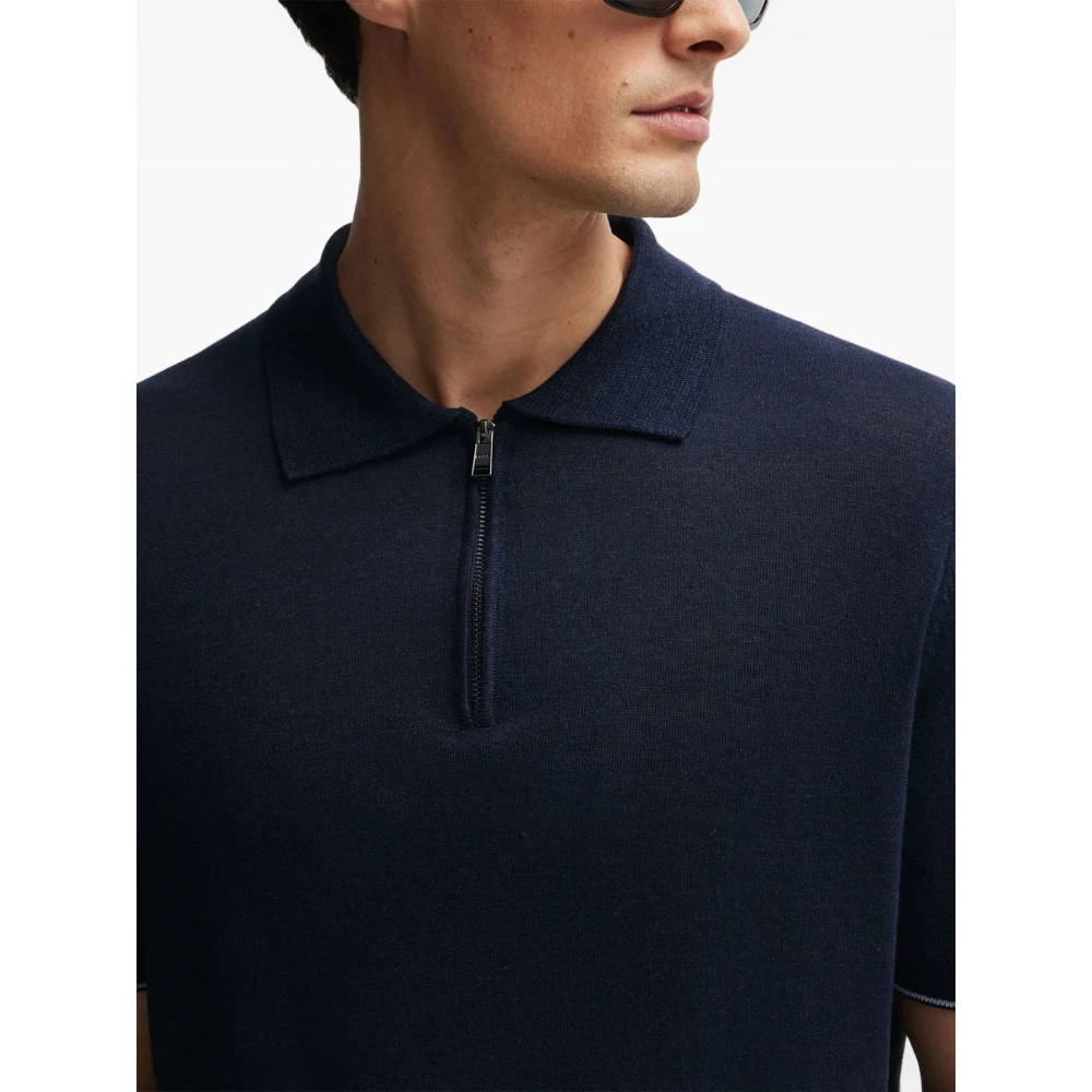 Boss Blauwe Linnen Polo met Rits Blue Heren