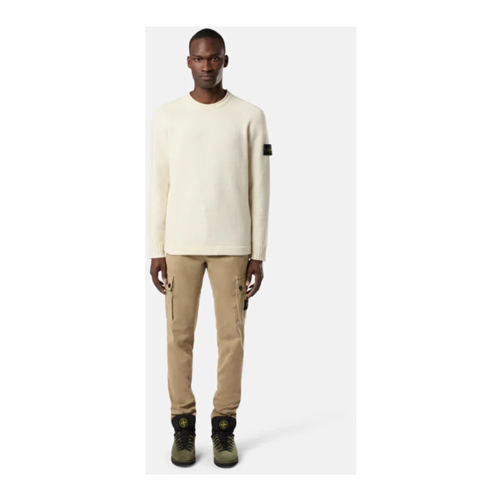 Stone Island Geribbelde Crewneck Trui Lamswol Natuurwit Beige Heren