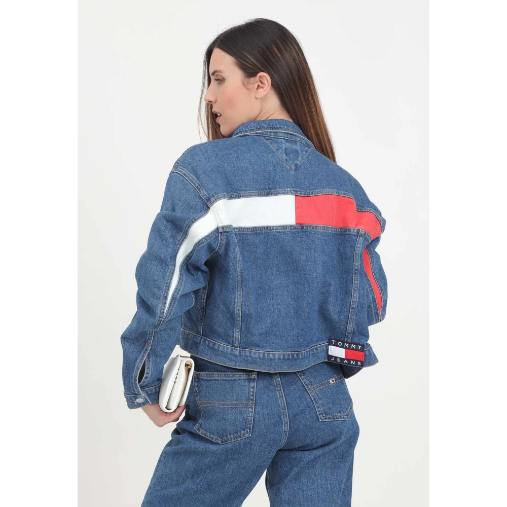 Tommy Jeans Blauwe Denim Trucker Jack met Color Block Motief Blue Dames