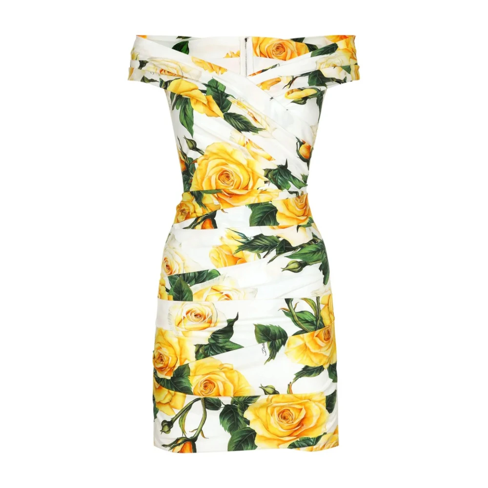 Dolce & Gabbana Rose Print Off-Shoulder Jurk Yellow Dames
