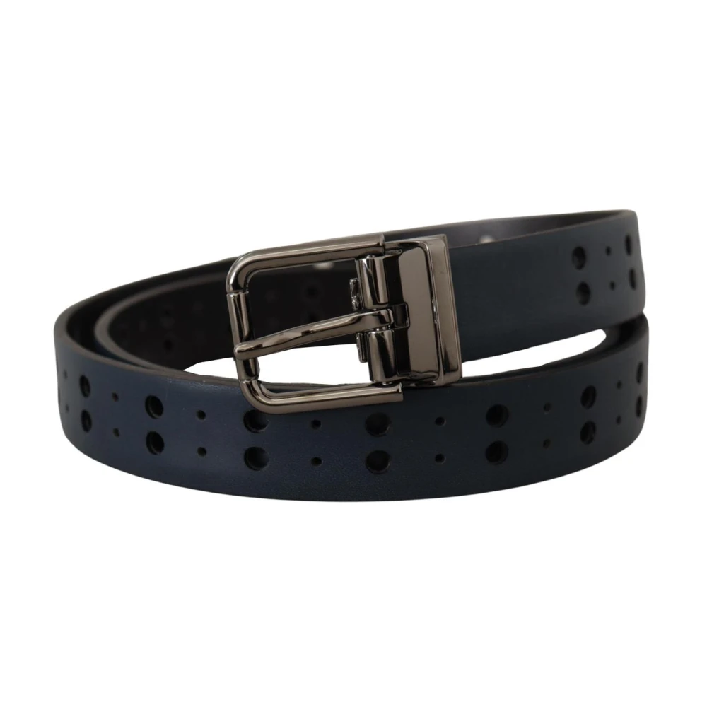 Dolce & Gabbana Blue Perforated Skinny Leather Metal Buckle Belt - 90 cm / 36 Inches - Image 3