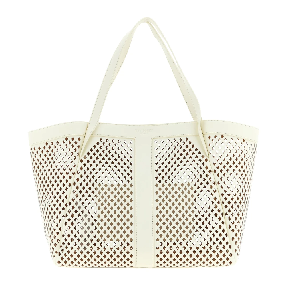 Twinset Donna Bianco Shopping Bag In Pelle Traforata