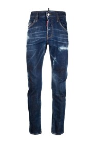 Distressed Skinny-Cut Jeans, Indigo Blau