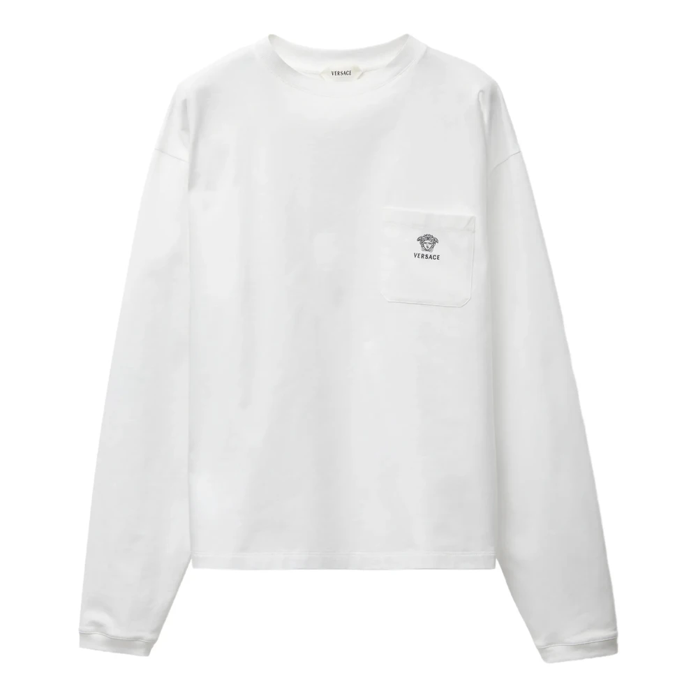 Versace Herr Vit Toppar L, Bomull, Broderad T-Shirt I Bomullsjersey