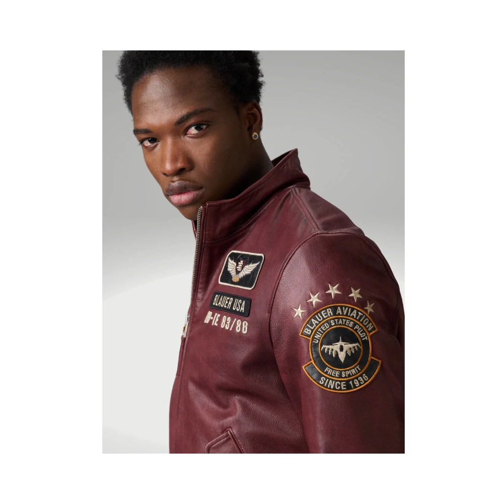Blauer Leren Bomberjack Red Heren