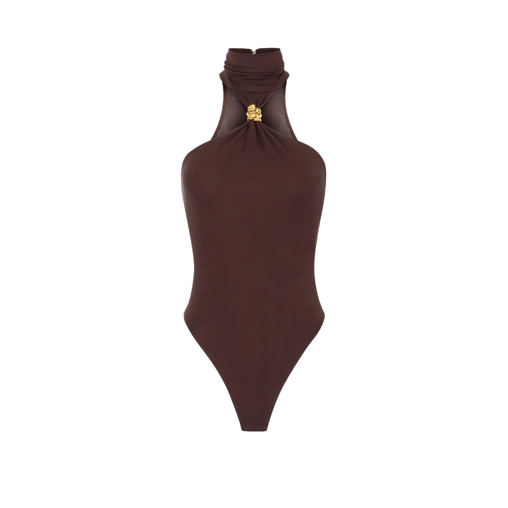 Elisabetta Franchi Women's Brown Crepe Jersey Bodysuit With Jewel Detail - Full-Body - Xs - Tops