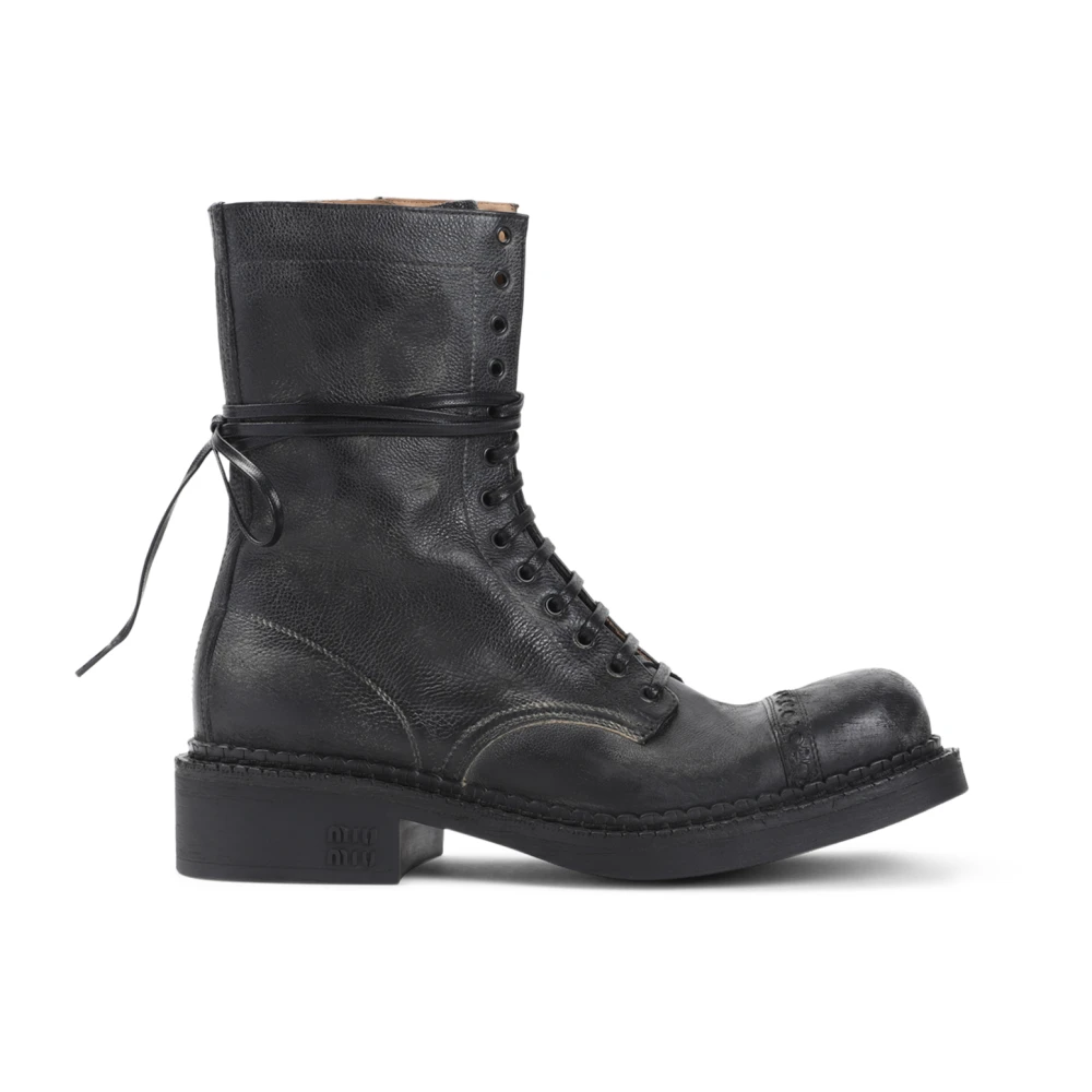 Miu Miu Women's Black Leather Laced Ankle Boots, Lace-Up Boots, 7 Uk, Shoes