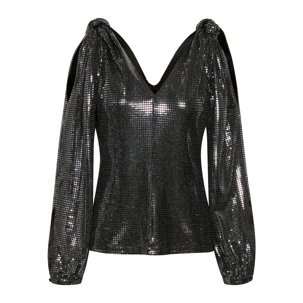 Karen by Simonsen Metallic blouse met schouderdetails Black Dames