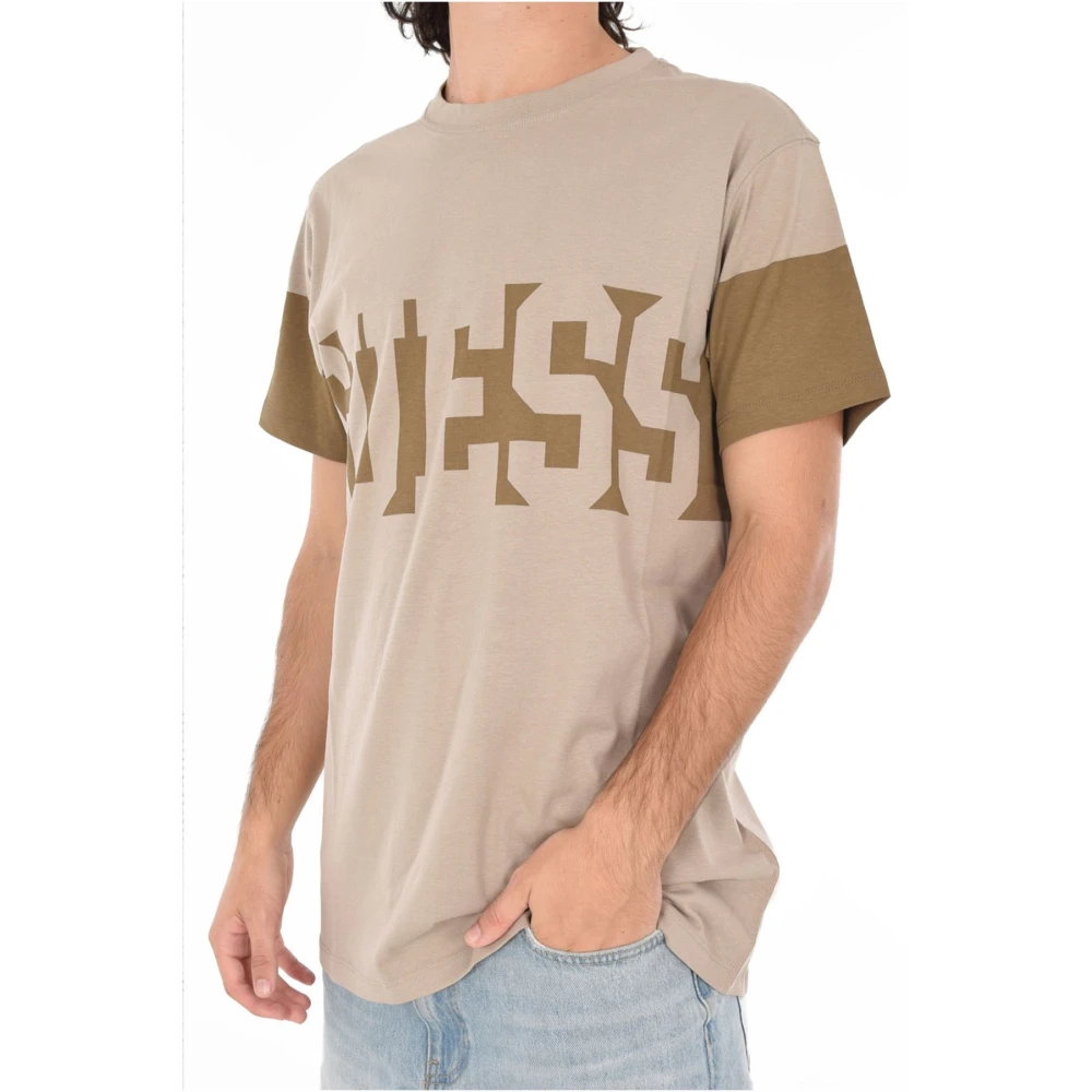 Guess Katoen Logo T-shirt Beige Ronde Hals Korte Mouw Beige Heren