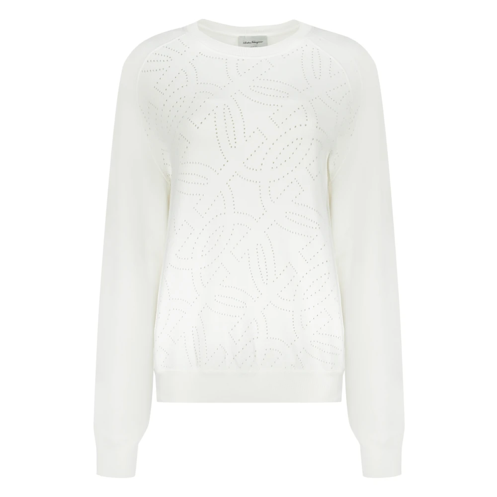 Salvatore Ferragamo Geribbelde Crew-neck Sweater met Open-werk Details White Dames