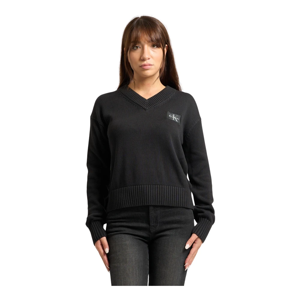 Calvin Klein Women's Black V-Neck Knitwear, L, V-Neck Jumper Emblem Ribbed