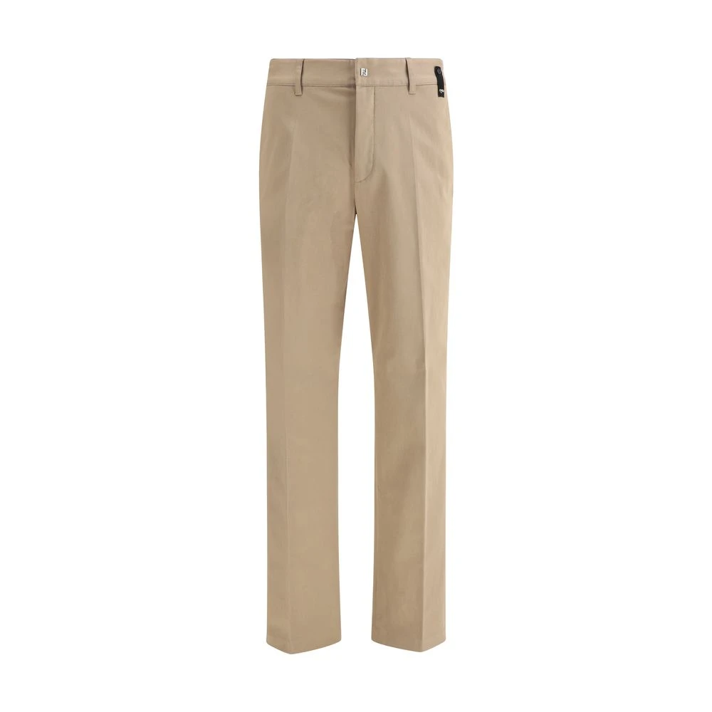 Fendi Men's Beige Rich Cotton Trousers With Leather Patch - Straight Trousers - S - Trousers