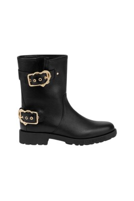 Trendy zwarte overlap laarzen met 9 cm hoge hak en 3 gespen
