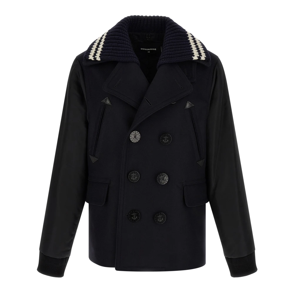 Dsquared2 Men's Blue Double-Breasted Coats, M, Hybrid Peacoat