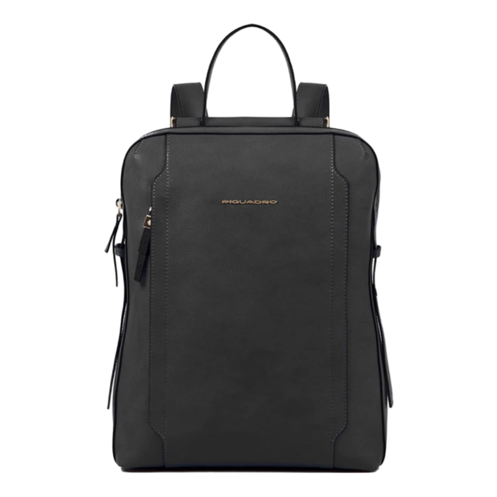 Piquadro Zwarte leren laptoptas met voorvak met rits Black Dames