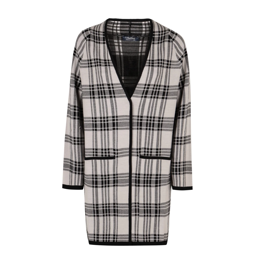 Max Mara Beige Cardigans, Female, S, Virgin Wool Cardigan With Check Motif
