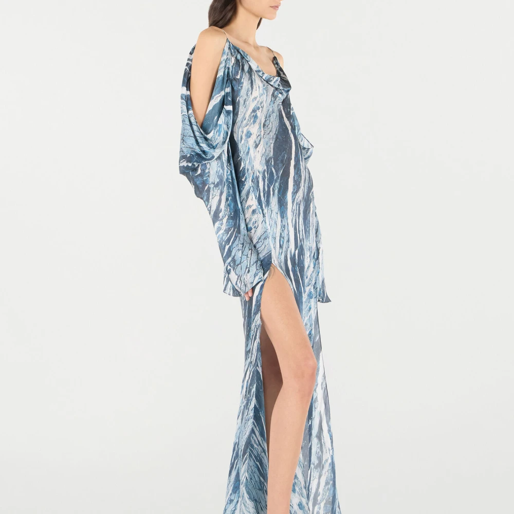 Roberto Cavalli Marmer Print Zijden Flowing Jurk Blue Dames