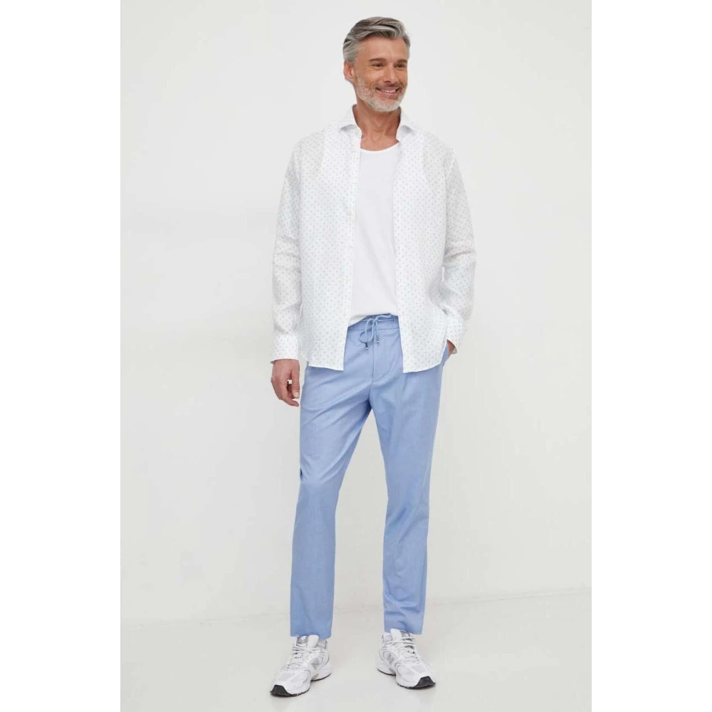 Boss Linnen Overhemd Blauw Gepatroneerd White Heren