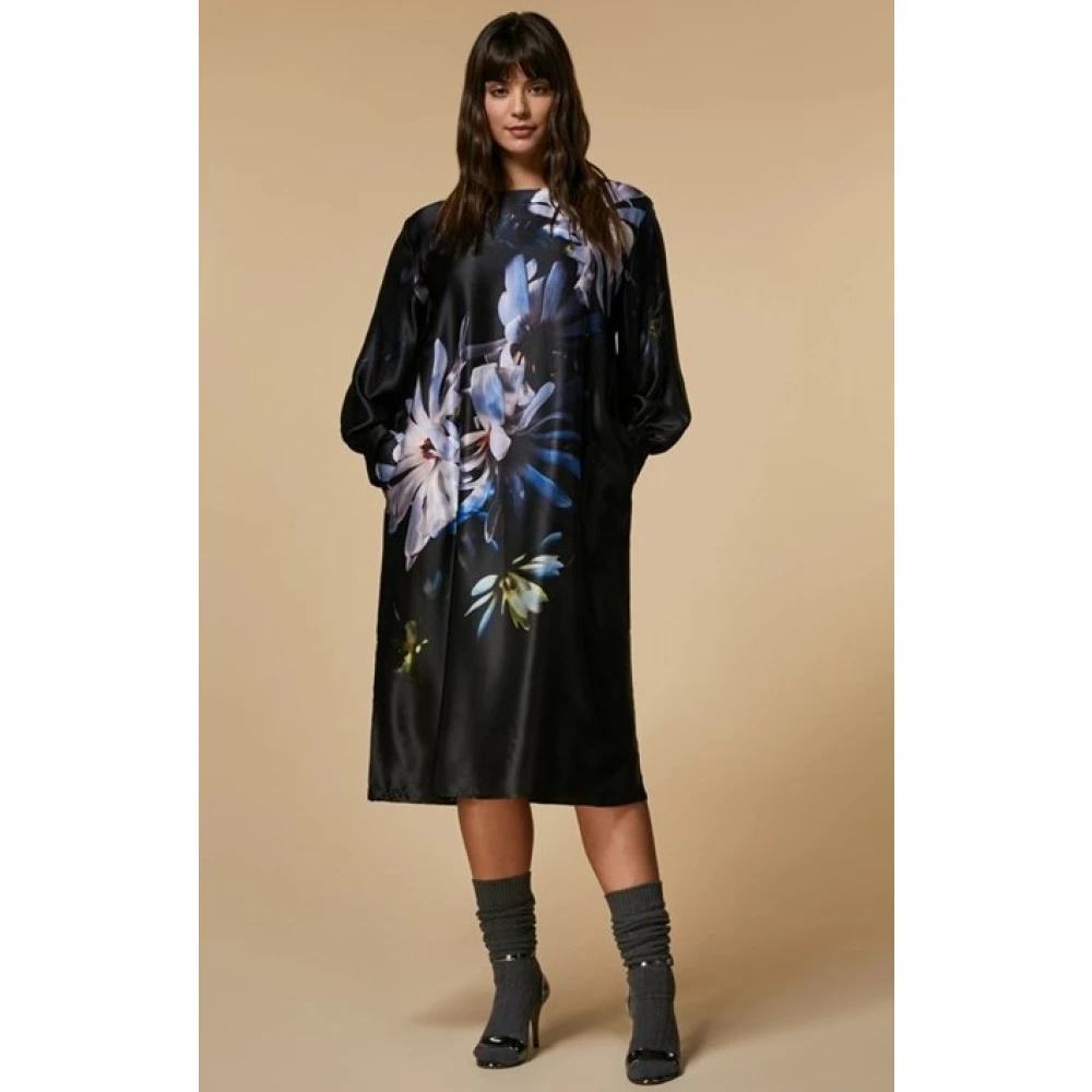 Marina Rinaldi Zijden Satijnen Midi Jurk met Exclusieve Print Black Dames