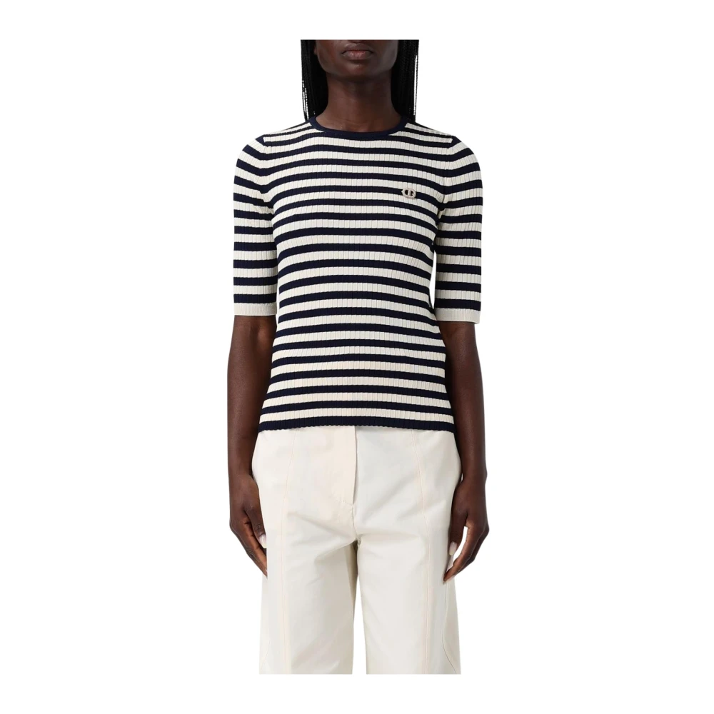 Twinset Multicolor Blå Ribbstickad Kortärmad Tröja