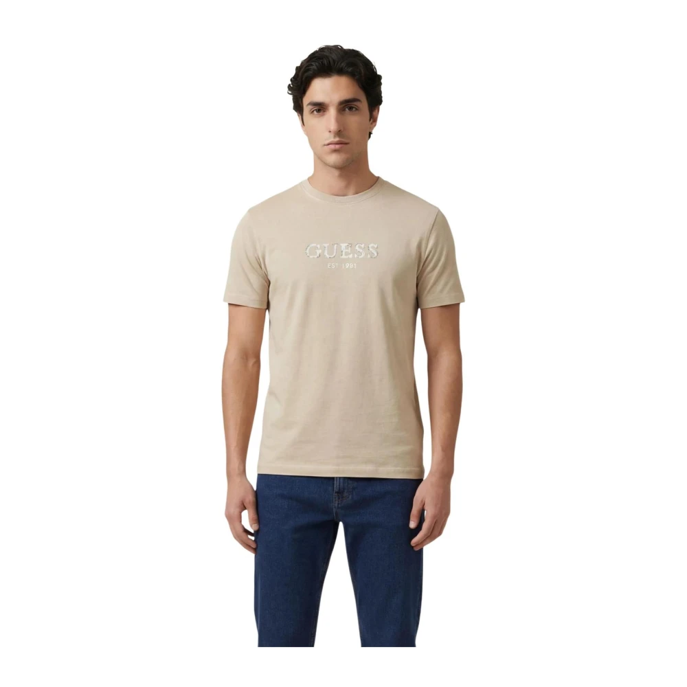 Guess Men's Beige T-Shirts, M, Printed Short Sleeve Round Neck T-Shirt