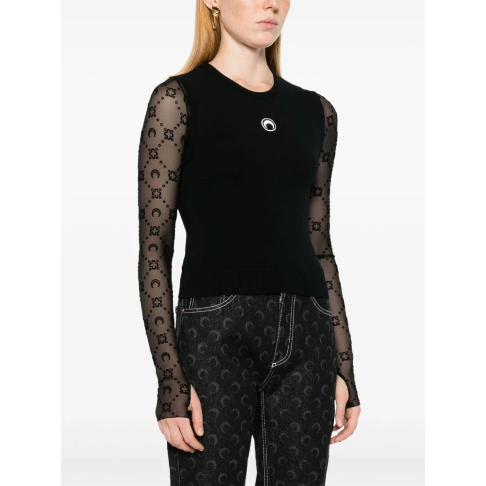 Marine Serre Zwarte Halve Maan Geborduurde Top Black Dames