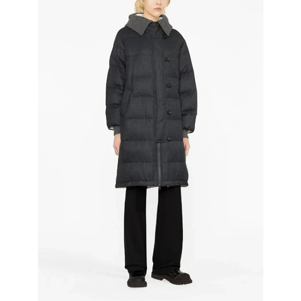 BRUNELLO CUCINELLI Grijze gewatteerde jas met gebreide afwerking Gray Dames