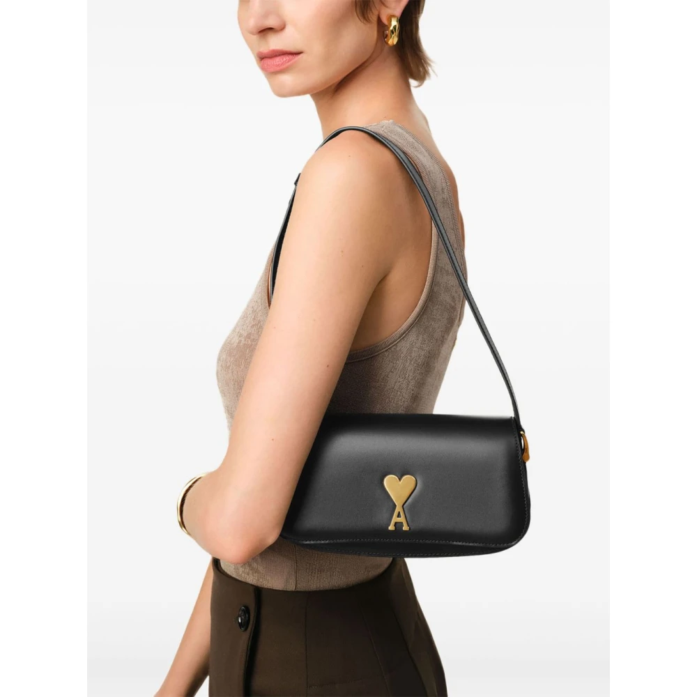 Ami Paris Zwarte Leren Schoudertas met Gouden Hardware Black Dames