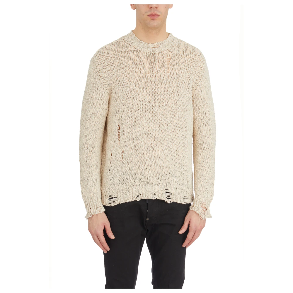 Avant Toi Vernietigde katoen en linnen ronde hals trui Beige Heren
